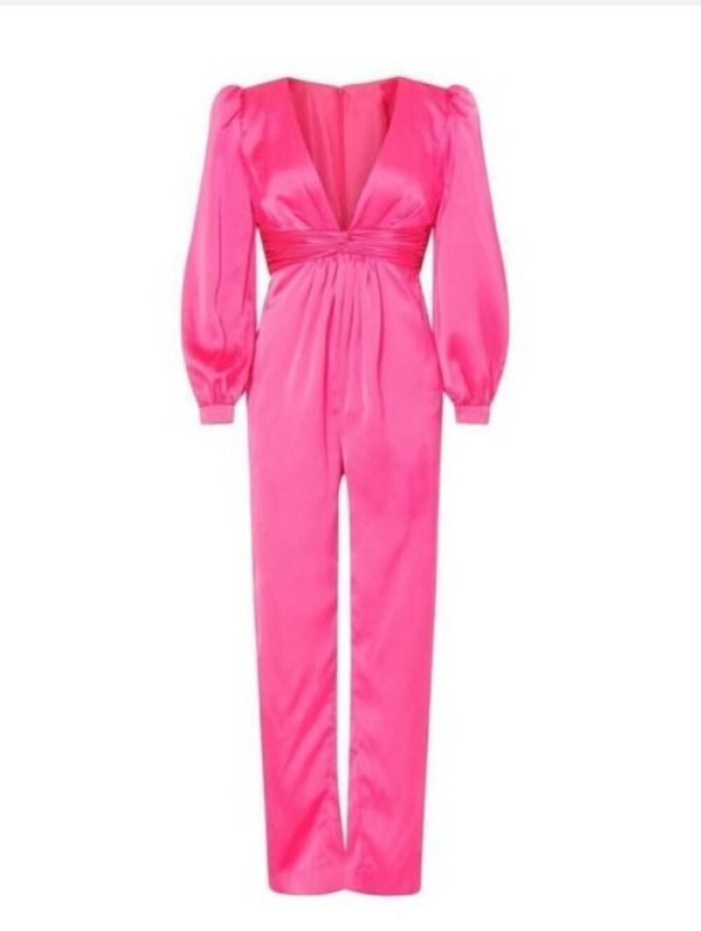 NWT Mac Duggal Fuschia Pink Satin Plunge Neck Puff Sleeve Jumpsuit